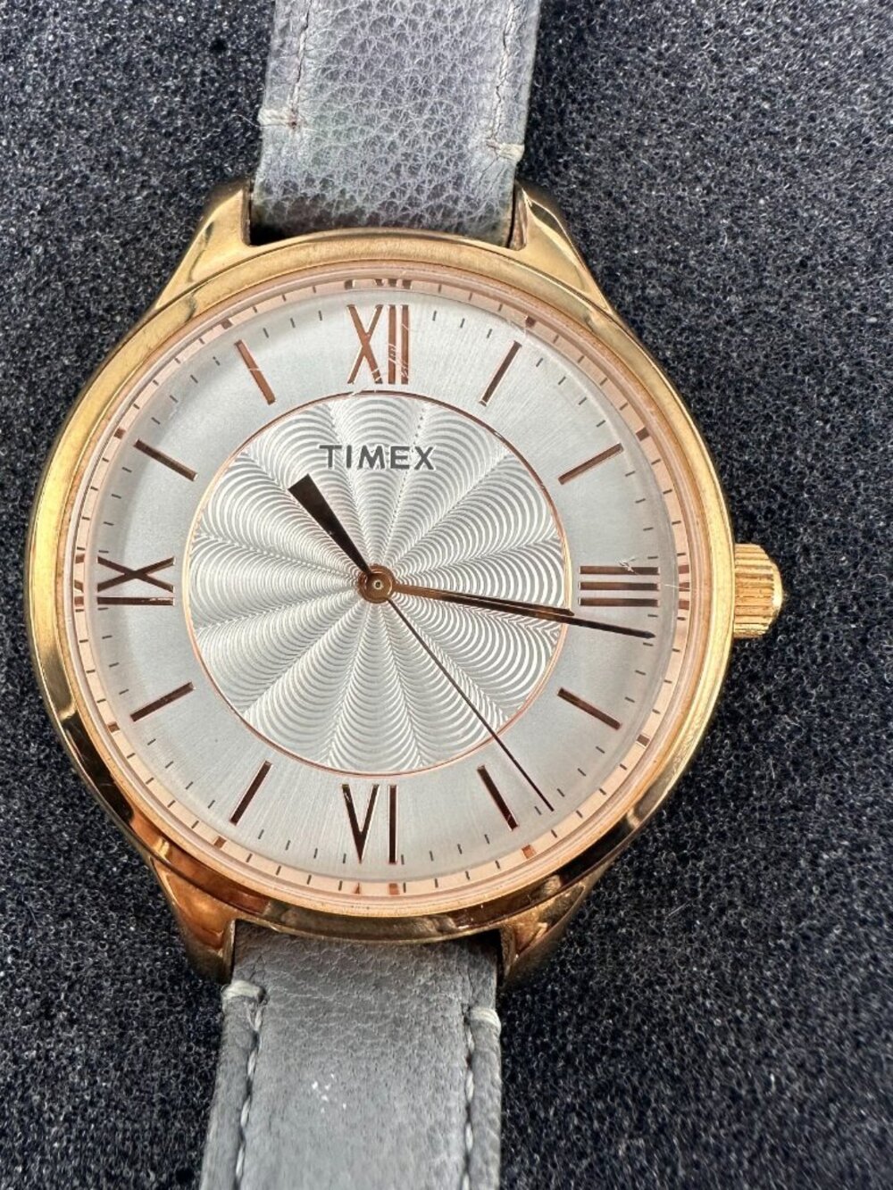 Timex Peyton Watch Women Rose Gold Tone Grey Leather Band New Battery 9"